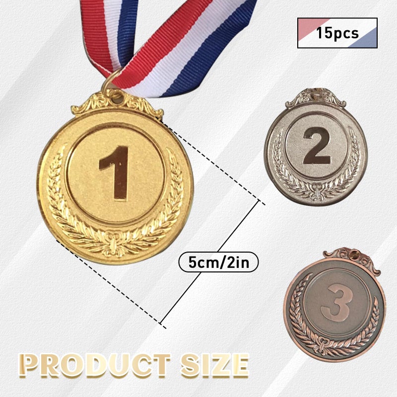 Haploon 15 Pcs Gold Silver Bronze Award Medals, Haploon Olympic Style Medal Award Medals Bulk, Metal Award Medals for for Sports, Competitions, Party Favors, 2 Inches - Image 2